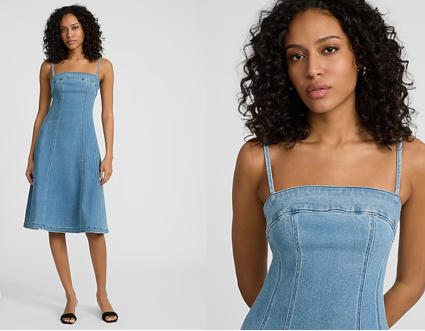 Medium Wash Square Neck Midi Denim Fit and Flare Dress