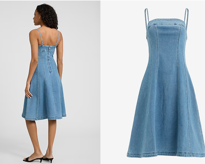 Medium Wash Square Neck Midi Denim Fit and Flare Dress