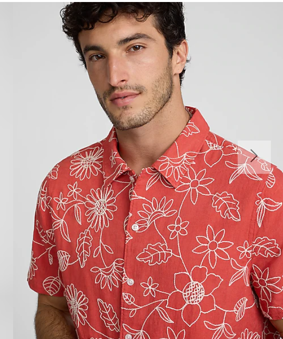 Floral Embroidered Linen-Blend Short Sleeve Shirt