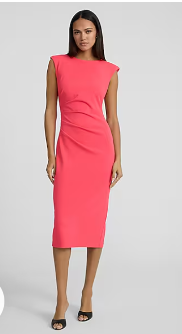 Crew Neck Cap Sleeve Ruched Midi Sheath Dress