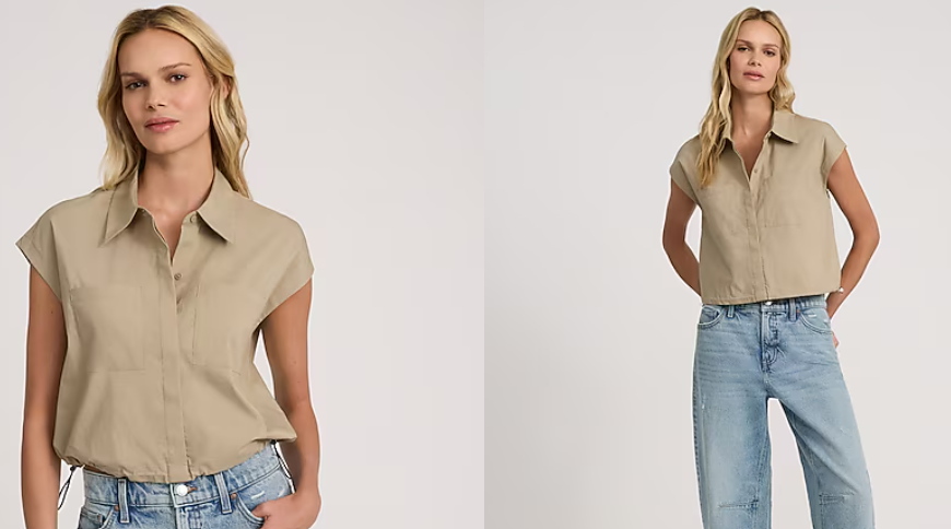 Cap Sleeve Double Pocket Adjustable Hem Shirt