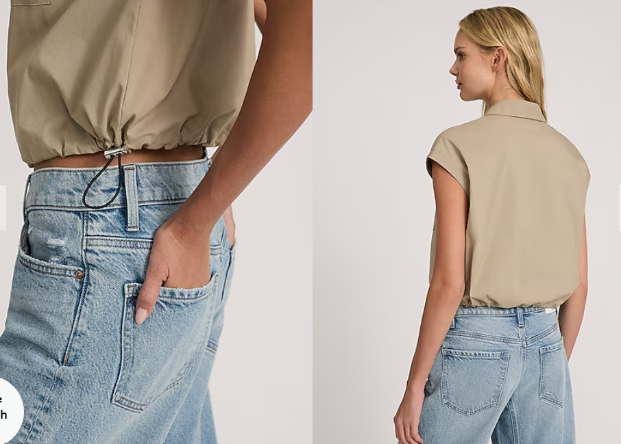 Cap Sleeve Double Pocket Adjustable Hem Shirt